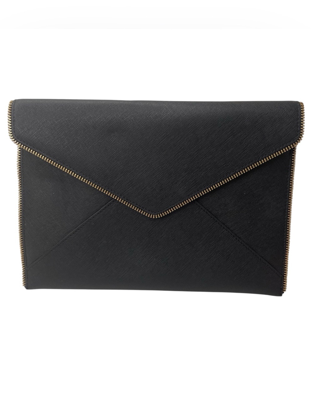 REBECCA MINKOFF LEO Saffiano Leather Envelope Clutch Black Zipper Accent Gold